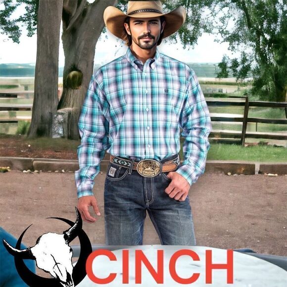 Cinch Men's Plaid Long Sleeve Button Down Western Shirt Turquoise Lilac Size 2XL - Picture 1 of 14